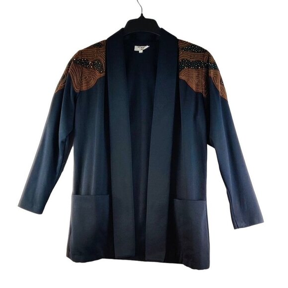 Karina Grimaldi Jackets & Blazers - Vtg 80s Black Blazer Leather Shoulder Accent Knit Sz M Karina Open Front Jacket